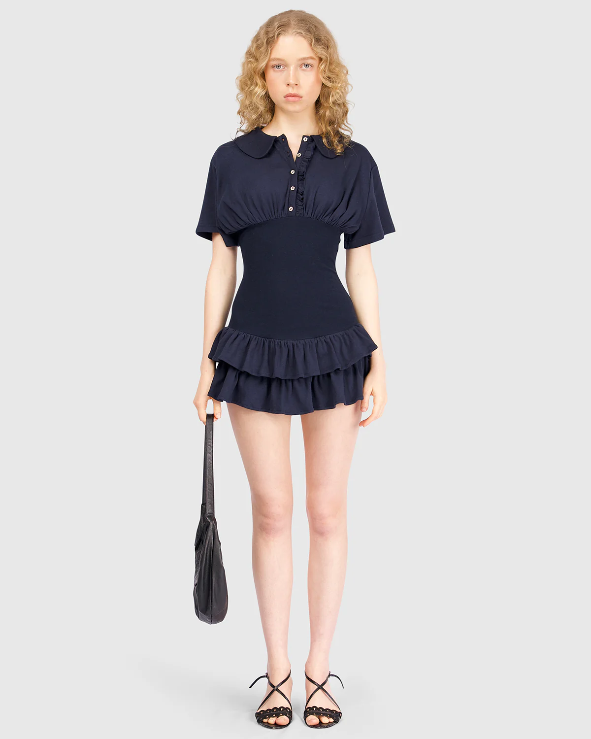 Collar Fitted Frill Dress - Navy - Image 3
