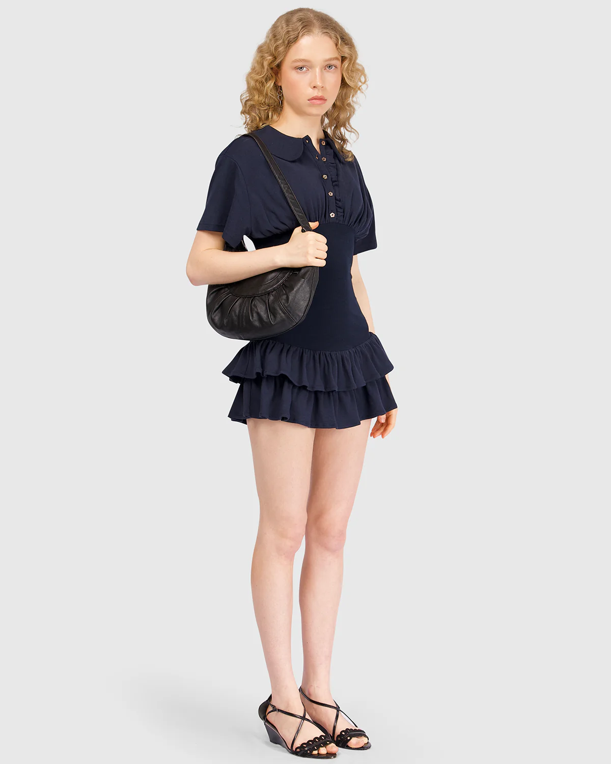 Collar Fitted Frill Dress - Navy - Image 4