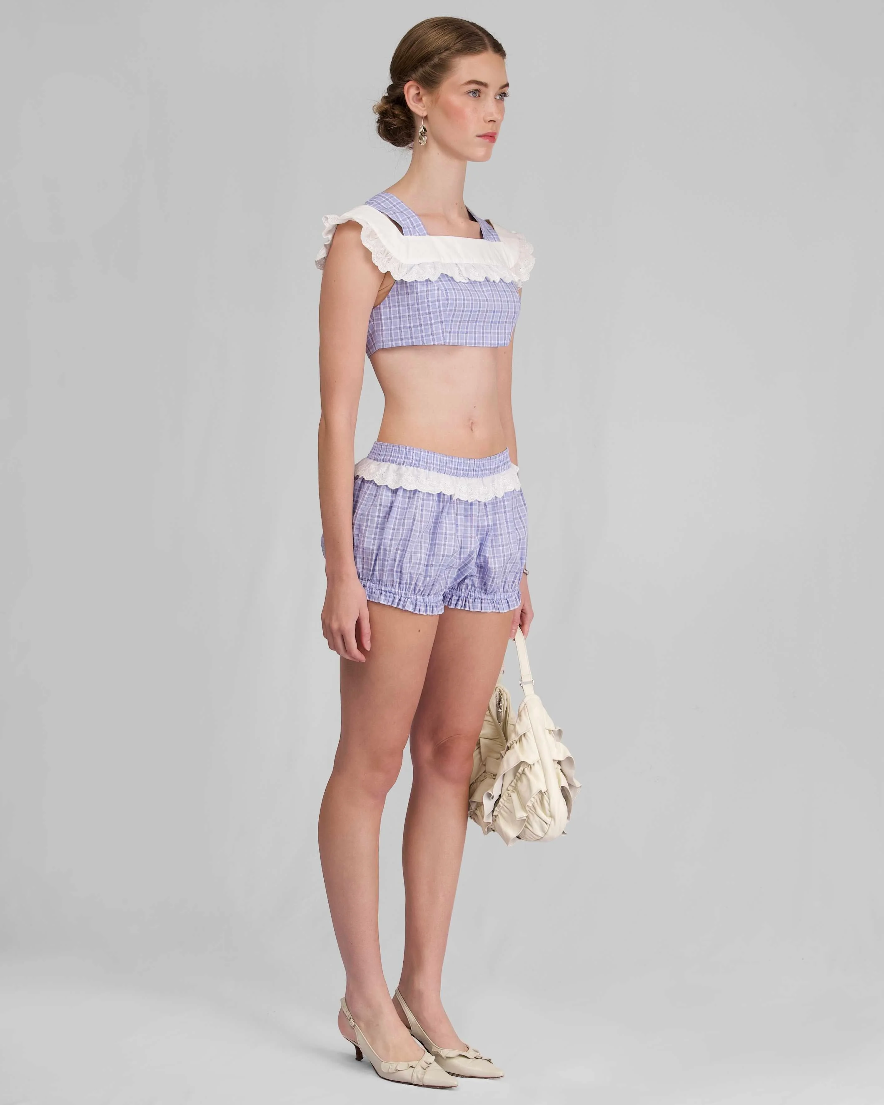 Lace Waist Bloomer Shorts - Sky Blue Check - Image 4