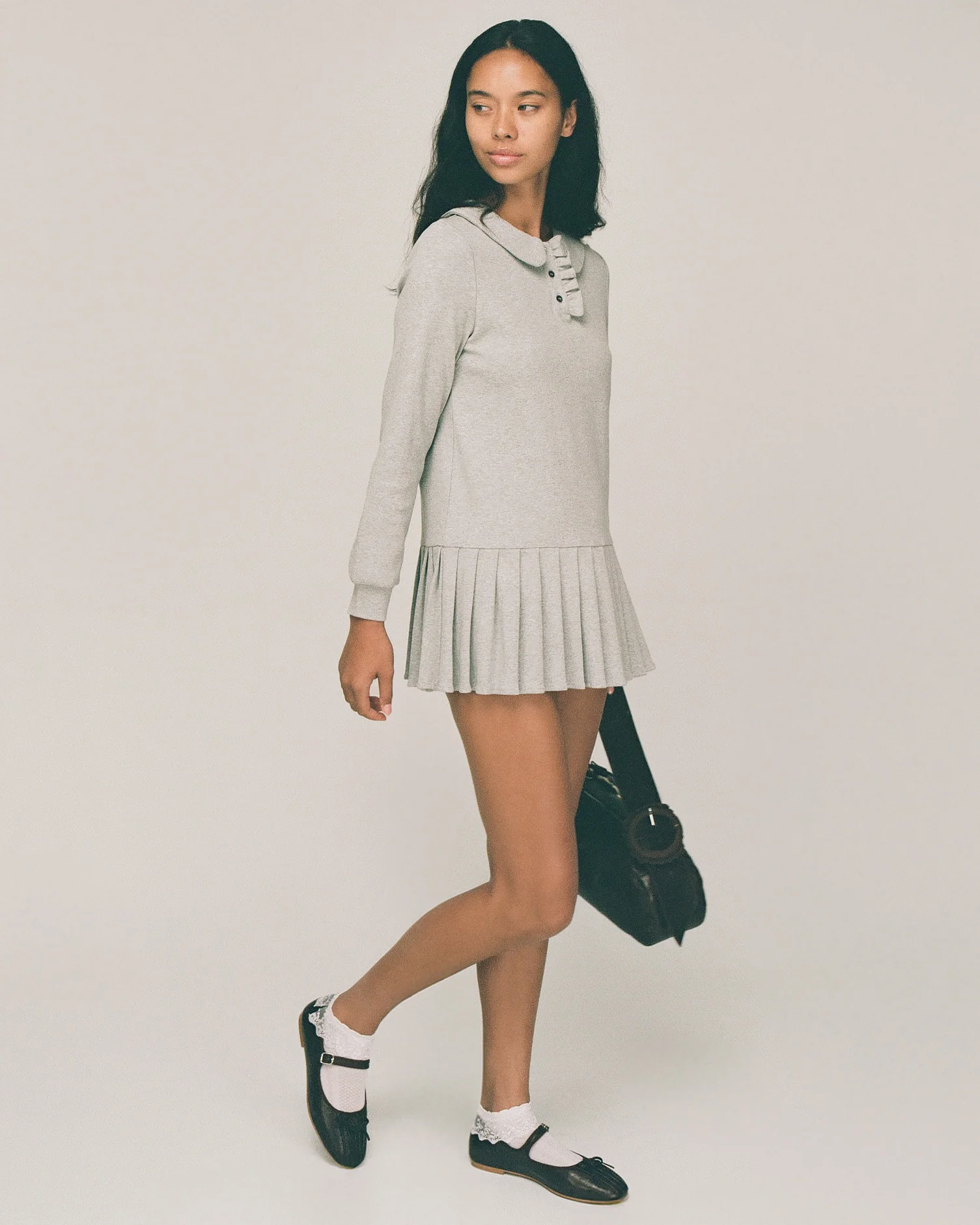 Polo Mini Long Sleeve Pleat Dress - Grey - Image 3