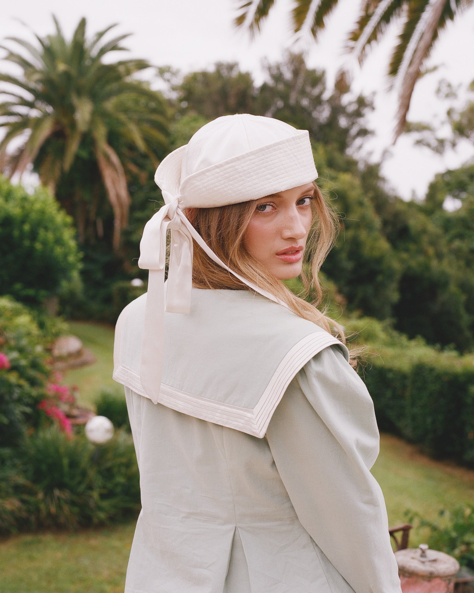 Tie Sailor Hat - White Satin - Image 5
